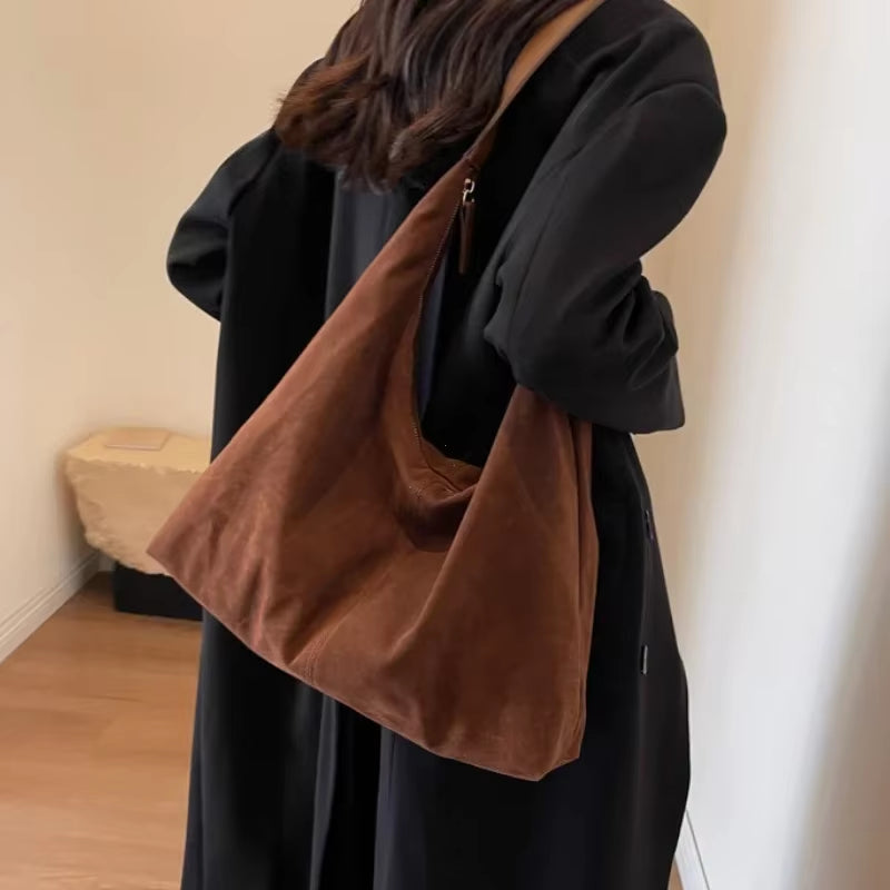 Vintage Suede New Large Capacity Women Tote Bag 2025 Autumn Winter Commute Shoulder Crossbody Bags Fashion Trend Underarm Bags